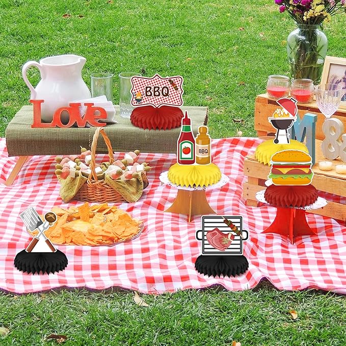 9PCS BBQ Party Decorations BBQ Baby Shower Table Centerpieces Picnic Decorations Honeycomb Table Toppers for Baby Q Baby Shower Decorations Summer Birthday Party