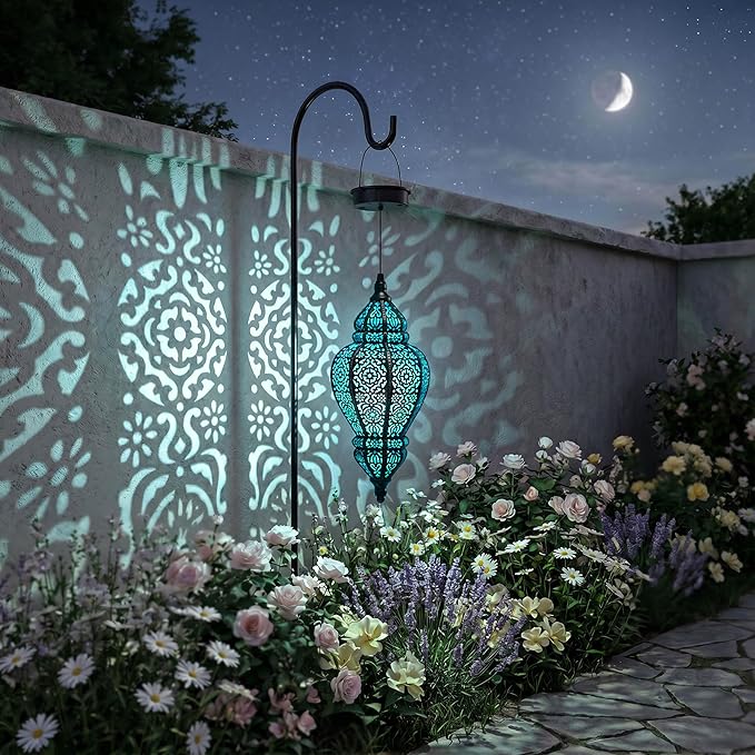 Moroccan Hanging Solar Lights Outdoor Lantern Bidirectional Availabili Garden Decor Waterproof Plastic Blue Decorations for Patio Pathway Yard Backyard Solar Powered Garden Decorative (Black, 2)
