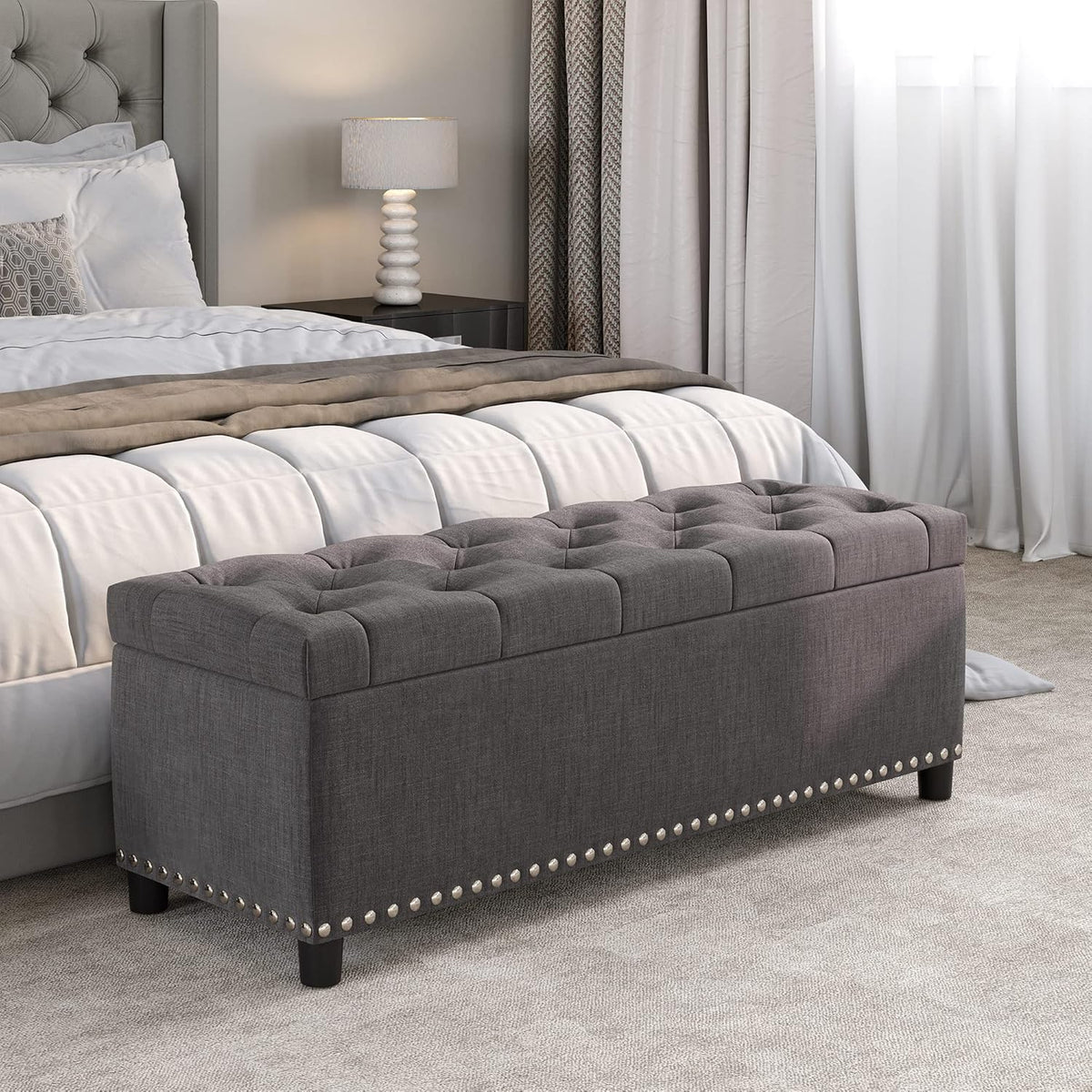 BELLEZE 47" Storage Ottoman, Storage Bench with Safety Close Hinge, Linen Button-Tufted Ottoman for Living Room, Entryway, Hallway, Foot Rest, Support 300lbs - Dark Gray