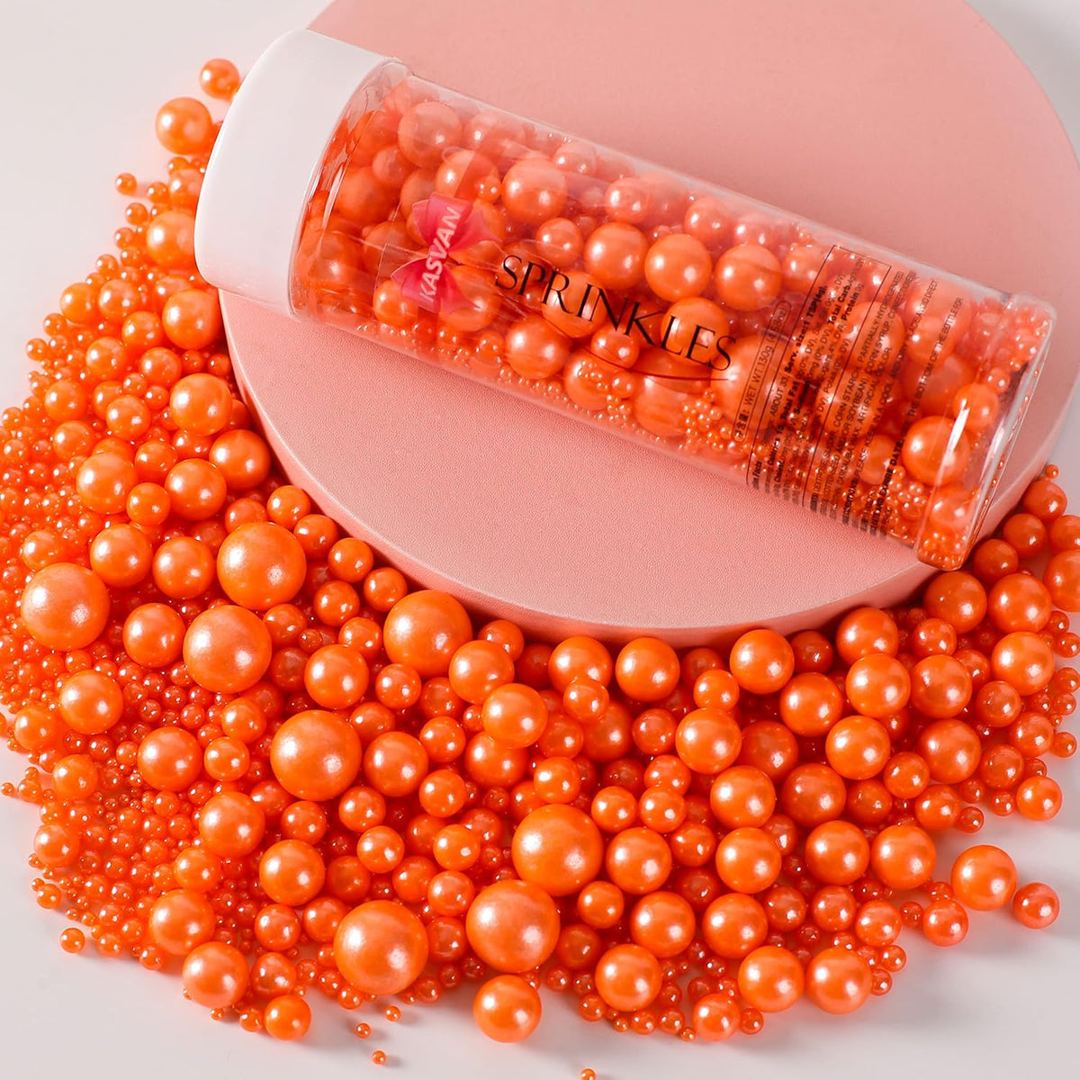 Kasvan Orange Pearl Sugar Sprinkles - Edible Candy Pearls 130g/4.58 Oz, Mix Size, Baking Cake Decorations, Ice Cream Toppings and Cookie Decorating