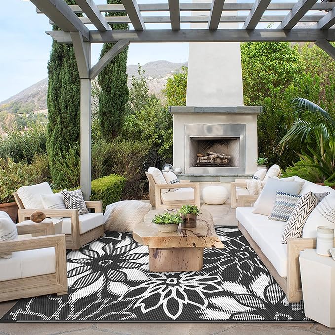 GENIMO Outdoor Rug Waterproof for Patio Decor, 5' x 8' Reversible Plastic Straw Floral Camping Carpet, Large Area Rug Mat for RV, Camper, Deck, Balcony, Porch, Beach, Picnic, Black & White