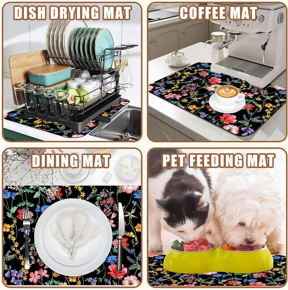 Beautiful Flowers Dish Drying Mat for Kitchen Counter Coffee Bar Mat Hide Stain Absorbent Rubber Backed Coffee Mat Coffee Maker Espresso Machine Coffee Bar Accessories 11.8 x 19.7 Inch