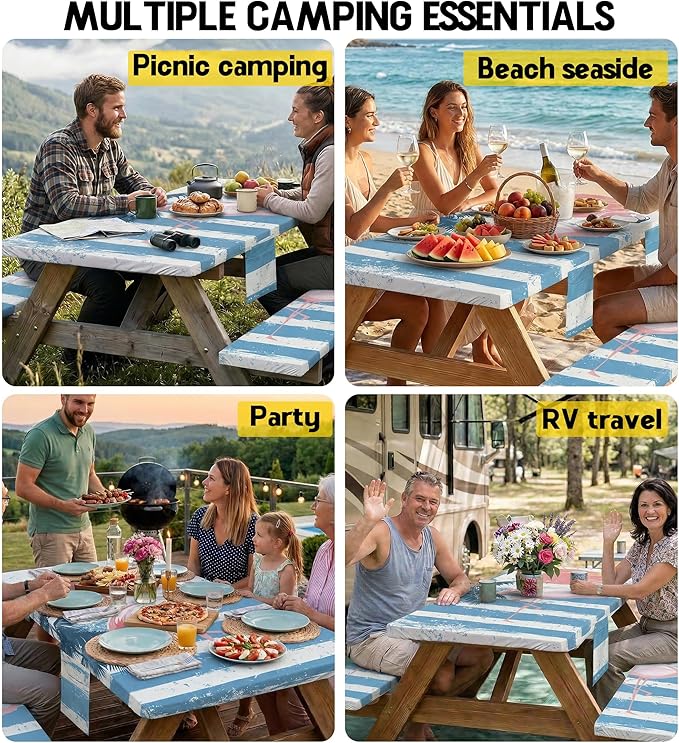 Picnic Table Cover with Bench Covers Table Cloth Tablecover Camping Essentials Camp Must Haves Camper Gear Outdoor Accessories River Water Motorhome Trailer Tent Rv Car Travel Activities Set Accessary
