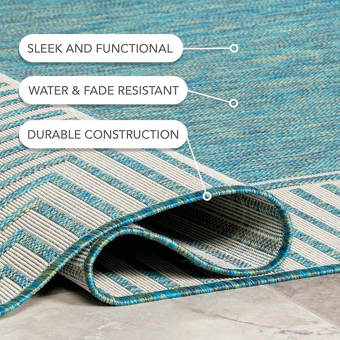 Nuloom Asha Teal/Ivory, 8' x 10', Casual, Striped Border, Soft and Cozy, High Traffic, Stain Resistant, Easy Clean, Durable Area Rug for Indoor/Outdoor Patio, Deck, Porch, Garden, Courtyard