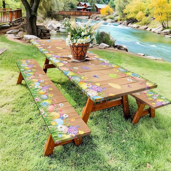 Easter Picnic Table Cover with Bench Covers, Cute Bunny Flower Brown Wooden Board Camping Tablecloth, Waterproof Windproof, Fitted Tablecloth Cover with Elastic Edge, for Outdoor, 3 PCS, 30x60 Inch