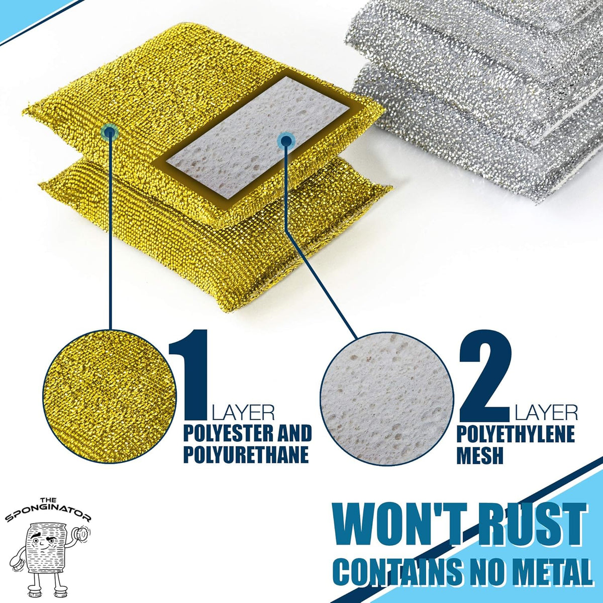 SPONGENATOR Kitchen Scrubbing Sponges - Heavy Duty Non-Scratch Scrubbing Cleaner Sponges in 2 Colors - Multi-Surface Non-Metal Dish Scouring Scrubbers for Fast Cleaning (Gold & Silver, 12)
