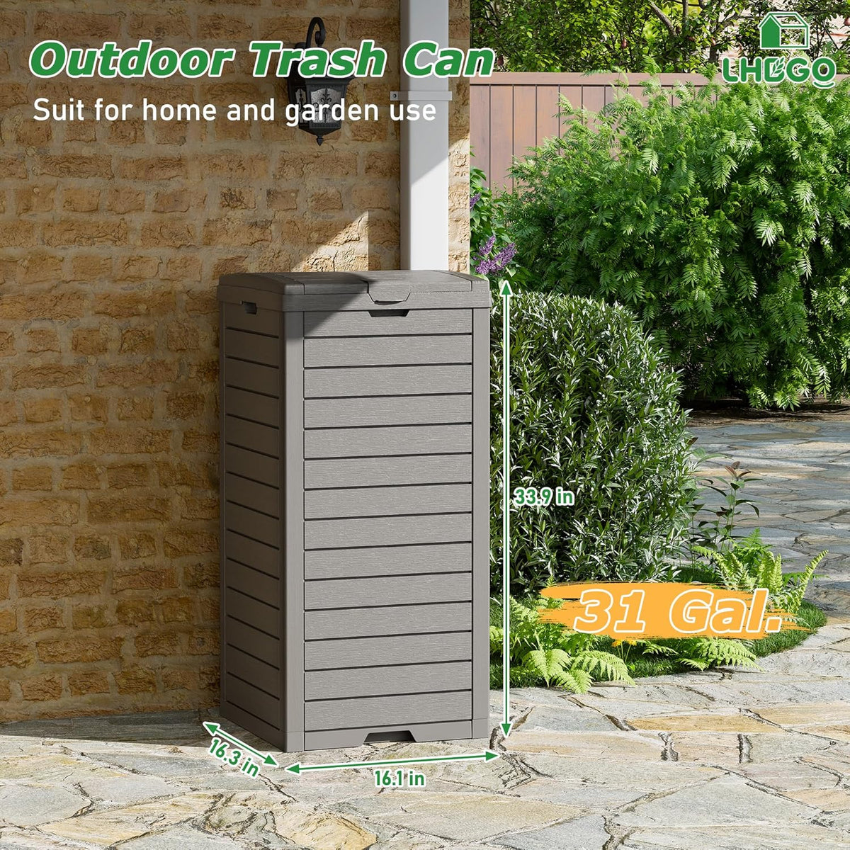 Outdoor Trash Can, 2 Set of 31 Gallon Garbage Can with Tiered Lid and Drip Tray, Waterproof Resin Patio Waste Bin for Garden, Backyard, Deck