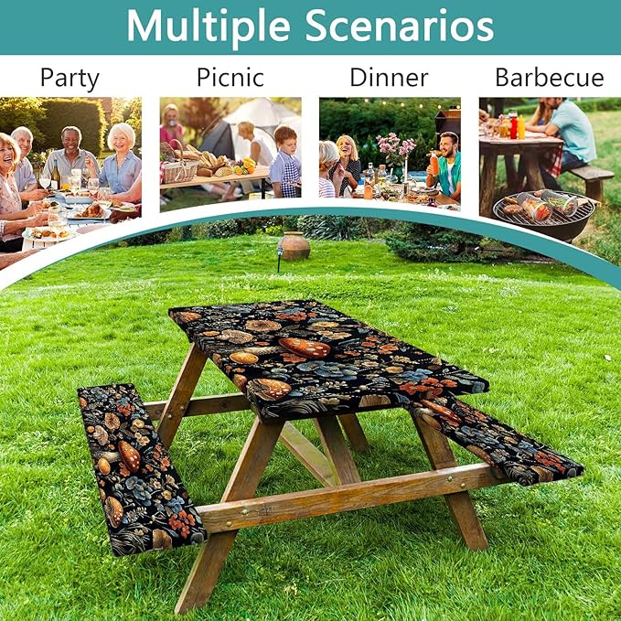 Picnic Table Cover with Bench Covers and Bag, Summer Outdoor Waterproof Windproof Tablecloth with Elastic Edges, Camping Accessories RV Gear Campers 3 Pcs Set, Black Mushroom 30X60inch