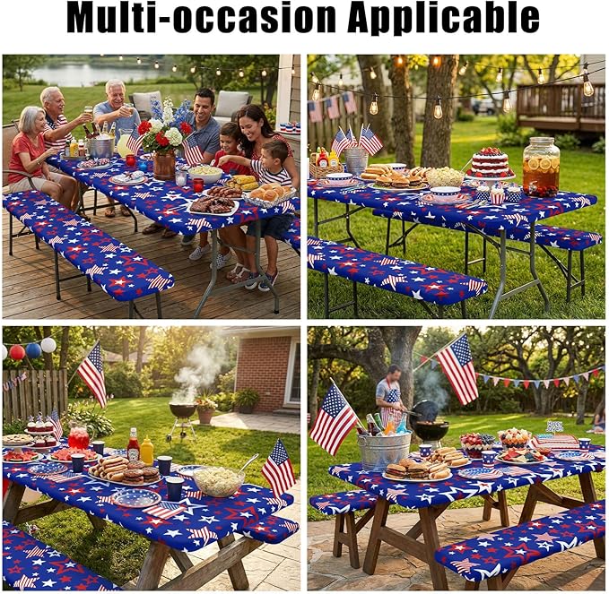 Smiry Picnic Table Cover with Bench Covers, Waterproof Elastic Fitted Tablecloth for 8 Foot Tables, Washable Polyester Tablecloths for Camping and 4th of July (Navy Blue & Red, 30x96 Inch 3-pc Set)