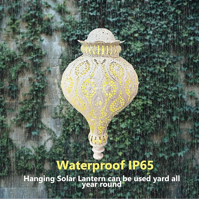 Moroccan Solar Lanterns Outdoor Waterproof White Hanging Lanterns Outdoor Ramadan Garden Decor Gardening Gifts for Women Mom Grandma Solar Lights for Patio, Pathway, Yard, Porch, Backyard.