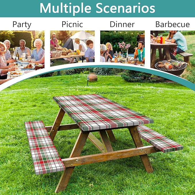 Red Green White Plaid Picnic Table Cover with Bench Covers and Bag, Camping Essentials, Water Resistant Windproof, Fitted Tablecloth Cover with Elastic Edge, for Indoor & Outdoor 3 PCS, 30x72 Inch