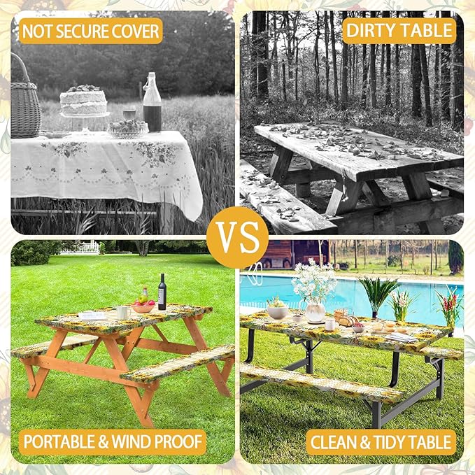 Sunflower Picnic Table Cover with Bench Covers, Yellow Buffalo Plaid Summer Floral Farmhouse Waterproof Tablecloth for Camping Indoor Outdoor Party Decorations, 30X72in