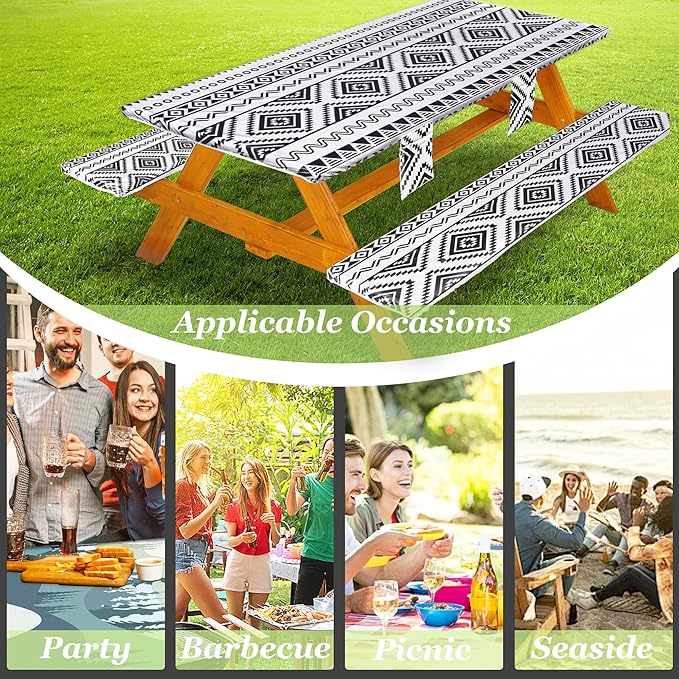 Picnic Table Cover with Bench Covers Vinyl Elastic Edges Fitted Rectangle Seat Tables Waterproof 3-Piece72X30in Set Outdoor Rectangular Folding Backing Tablecloth for Camping Over Size