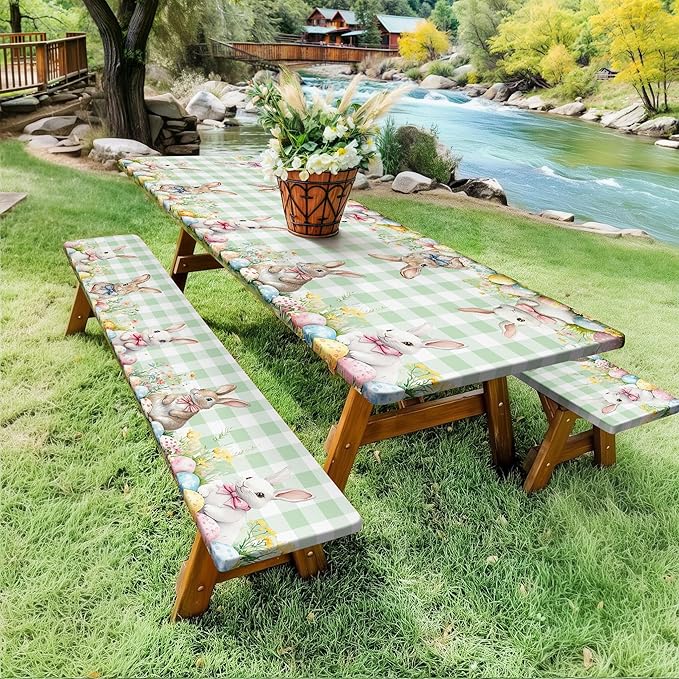 Easter Picnic Table Cover with Bench Covers, Camping Essentials, Easter Buffalo Plaid Rabbit Eggs Flower Outdoor Table Covers, Waterproof, Fitted Tablecloth Cover with Elastic Edge, 3 PCS, 30x72 Inch