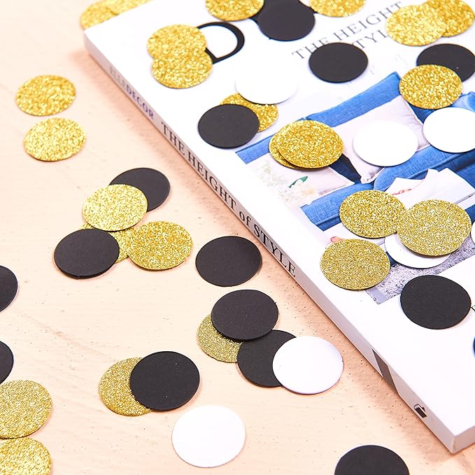 300pc Black White Gold Paper Table confetti, Circle Dots Glitter Party Table Confetti for Wedding Baby Shower Birthday Party Decoration Suppiles Table Decoration 1 Inch
