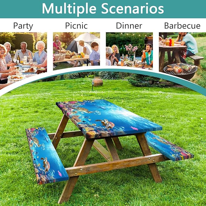 Ocean Animals Picnic Table Cover with Bench Covers, Camping Essentials, Underwater Sea Turtles Waterproof Windproof, Fitted Tablecloth Cover with Elastic Edge, for Garden & Outdoor, 3 PCS, 30x60 Inch