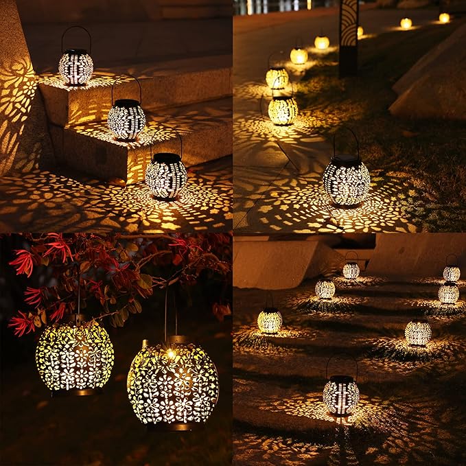 Brizled Solar Lantern Lights, 2 Pack Outdoor LED Hanging Lantern Lights with Star Projection, Warm White Solar Garden Lighting Retro Table Lanterns Light Waterproof for Garden Patio Courtyard Path