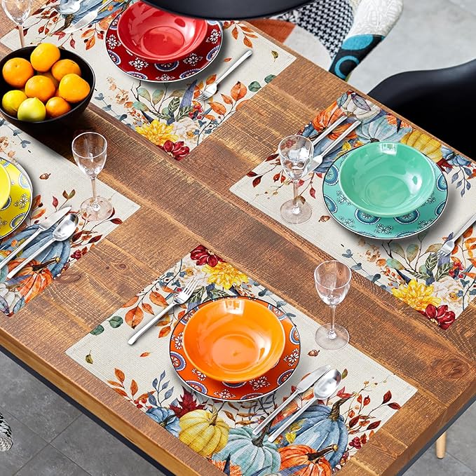 Giwawa Fall Thanksgiving Placemats Set of 4 Watercolor Autumn Pumpkins Floral Linen Table Mats 12x18 Inch Washable Heat Resistance for Kitchen Dining Farmhouse Holiday Decor