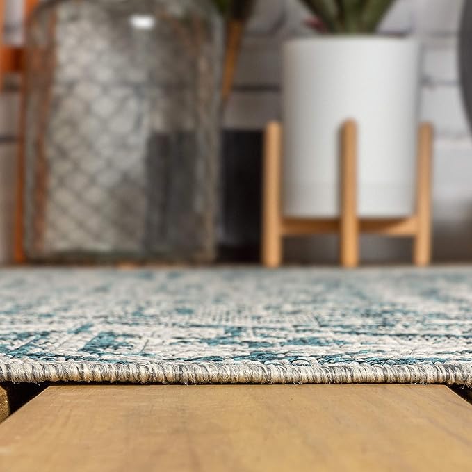 JONATHAN Y Boho Medallion Indoor Outdoor Round Area Rug 4 Ft Teal/Gray, Estrella Textured Weave for Backyard, Patio, Porch, Easy-Cleaning, High Traffic, Pet-Friendly, Non-Shedding (SMB105C-4R)