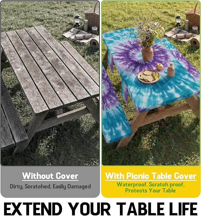 Picnic Table Cover with Bench Covers Waterproof Elastic Rectangle Tablecloth Camping Essentials Supplies Rv Car Travel Must Haves Gear Accessories Fitted Table Cloth Outdoor Road Trip Camper Gifts 8ft