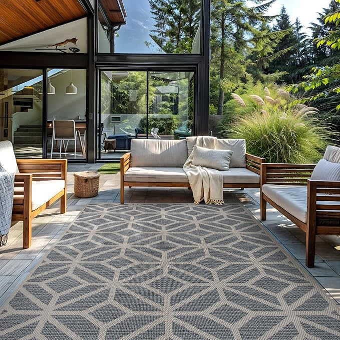 Rugshop Blue Contemporary Geometric Indoor/Outdoor Area Rug — Hose Washable for Living Room, Dining Room and Office, 9' x 12'