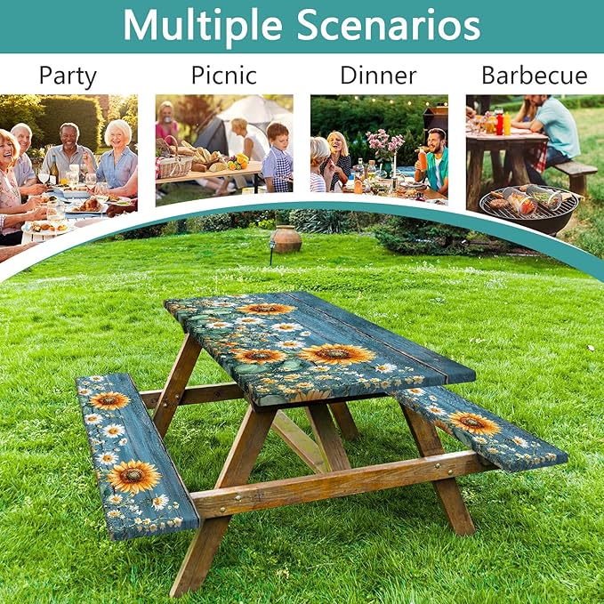 Picnic Table Cover with Bench Covers, Waterproof Elastic Fitted Tablecloths for 6 Foot Rectangle Tables, Outdoor Washable Sunflower Wooden Tablecloth for Camping 30X72in