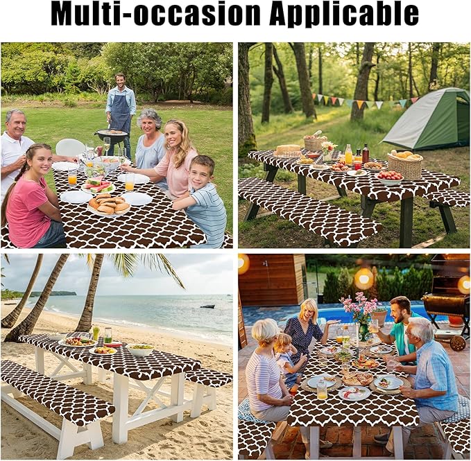 Smiry Picnic Table Cover with Bench Covers, Waterproof Elastic Fitted Tablecloth for 8 Foot Tables, Washable Polyester Tablecloths for Camping, Indoor & Outdoor (Coffee, 30x96 Inch 3-pc Set)