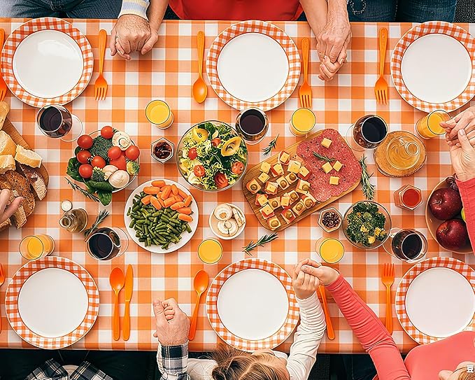 Remagr 3 Pcs Orange and White Checkered Table Cloth 54 x 108 Inch Disposable Buffalo Plaid Plastic Table Cloth Waterproof Rectangle Gingham Tablecover for Picnic, Dining, Birthday Party Decor