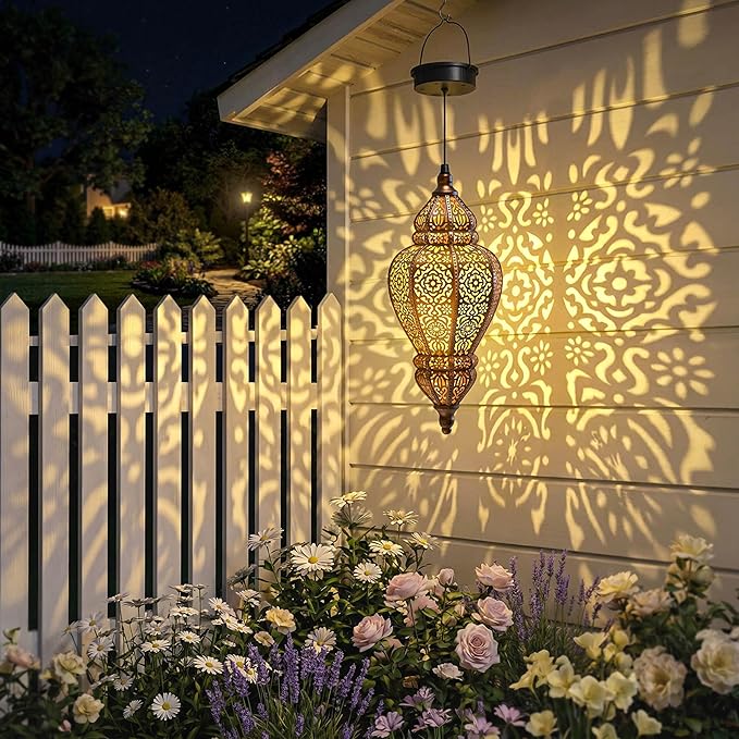 Hapjoy Moroccan Hanging Solar Lights Outdoor Lantern Bidirectional Availabili Garden Decor Waterproof Plastic Gold Decorations for Patio Pathway Yard Backyard Solar Powered Garden Decorative (1, gold)