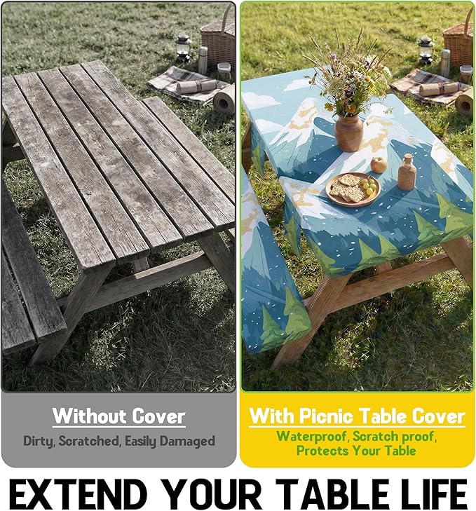 Picnic Table Cover with Bench Covers Waterproof Vinyl Elastic Rectangle Fitted Table Cloth Camping Lovers Essentials Rv Car Travel Overlanding Outdoor Roadtrip Road Trip Men Women Camper Gifts 6 Foot
