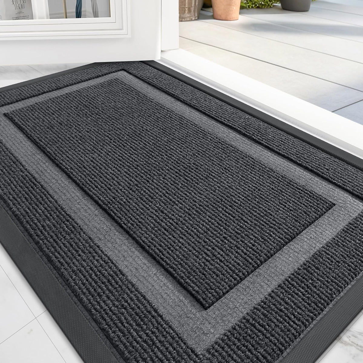 OLANLY Front Door Mat Indoor Outdoor Entrance, Waterproof All-Season, All-Weather Doormat, Sturdy Natural Rubber, Fade Resistant, Low Profile, Easy Clean Patio Porch Entryway Mat, 59x30, Grey