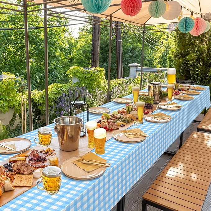 6Pack Light Blue and White Plastic Checkered Tablecloth, Premium Decorative Disposable Light Blue Gingham Plaid Tablecloth for Party, Rectangle Party Table Cover for Picnic Farm Birthday, 54x108 Inch