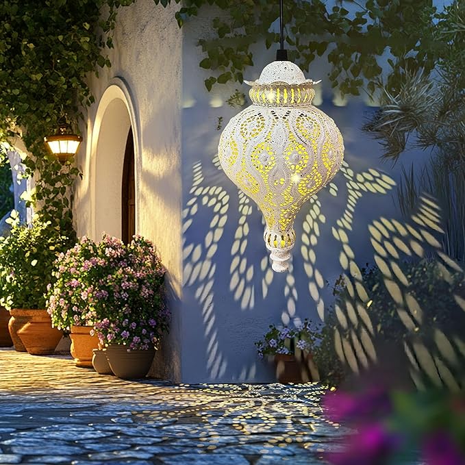 Moroccan Solar Lanterns Outdoor Waterproof White Hanging Lanterns Outdoor Ramadan Garden Decor Gardening Gifts for Women Mom Grandma Solar Lights for Patio, Pathway, Yard, Porch, Backyard.