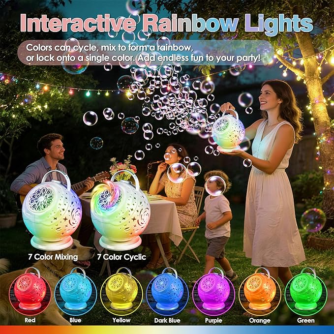 Upgraded Bubble Machine with Wireless Remote, 90° & 360° Rotating Maker, 7 Colors LED Light, 20000+ Output per Min, Type-C Charge, Automatic Blower for Kids Toddlers Indoor Outdoor Wedding