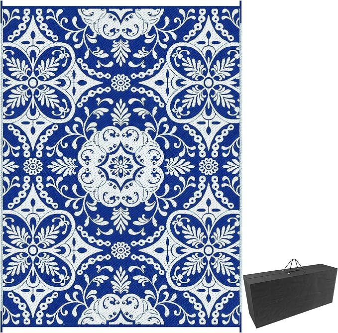 Outsunny Reversible Outdoor Rug Carpet, 9' x 12' Waterproof Plastic Straw Rug, Portable RV Camping Rugs with Carry Bag, Large Floor Mat for Backyard, Deck, Picnic, Beach, Blue & White Floral