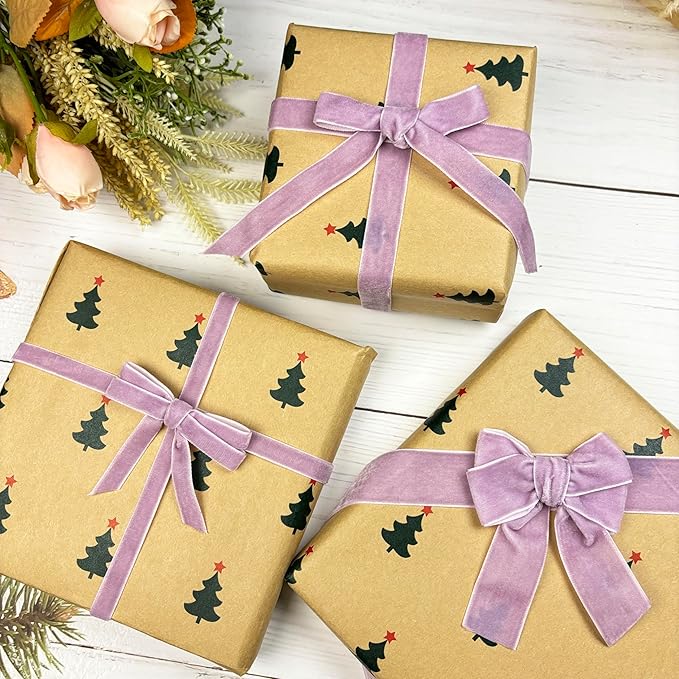 Purple Velvet Ribbon, Vintage Mauve Velvet Christmas Ribbon, Thick Lavender Ribbons Set for Christmas Tree, Bow Ornaments, Gift Wrapping, Crafts, 3 Rolls 3/8, 5/8, 1 inch Wide, 30 Yards Totally