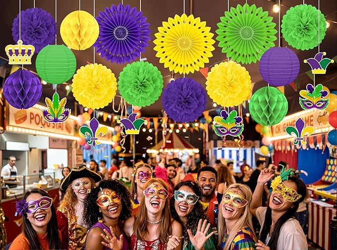 22pcs Mardi Gras Party Decorations – Purple Gold Green Paper Fans, Honeycomb Hangings for Carnival, Centerpieces, Birthday Supplies