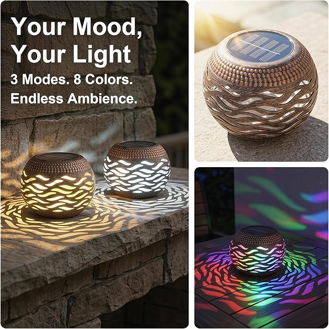 Solar Lanterns Outdoor Waterproof,3 Mode Retro Metal Solar Lantern Lights - 8 Color Changing Decorative Table Lantern Gifts for Women- Garden Yard Patio Outside & Indoor Tabletop Decor 2 Pack