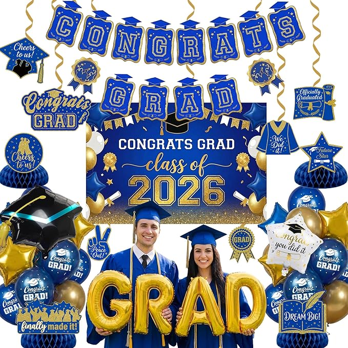 2026 Graduation Decorations Royal Blue and Gold - Congrats Grad Banner Backdrop, Hanging Swirls, Honeycomb Centerpieces & Balloons - Class of 2026 Party Supplies Set