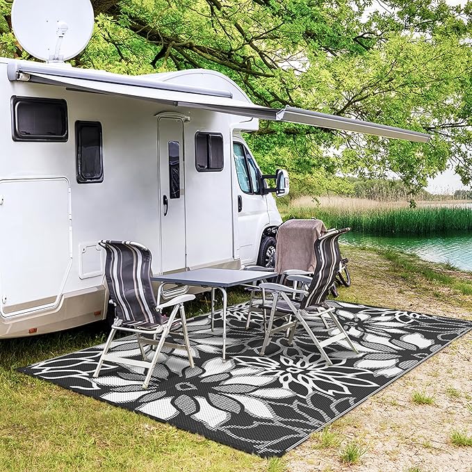 GENIMO Outdoor Rug Waterproof for Patio Decor, 9' x 12' Reversible Plastic Straw Floral Camping Carpet, Large Area Rugs Mats for RV, Camper, Deck, Balcony, Porch, Beach, Picnic, Black & White