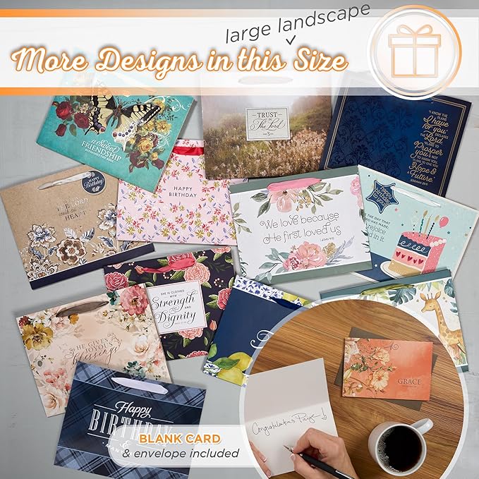 Christian Art Gifts Large Landscape Scripture Gift Bag for Women w/Greeting Card & Tissue Paper Set: Grace - Eph. 2:8 Inspirational Bible Verse, Butterfly Multicolor Floral w/Shiny Gold, Deep Orange