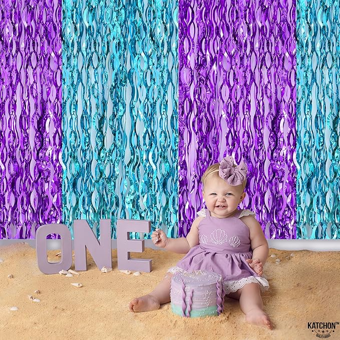 KatchOn, Large Wavy Purple and Blue Fringe Curtain - Pack of 2 | Mermaid Birthday Decorations, Beach Party Decoration | Purple and Blue Foil Fringe for Under The Sea Party Decorations