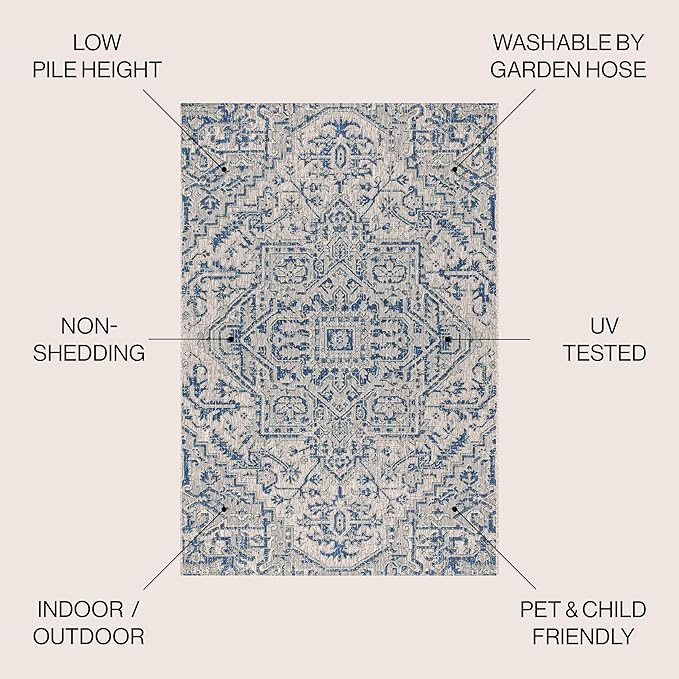 JONATHAN Y Boho Medallion Indoor Outdoor Area Rug 4X6 Navy/Gray, Estrella Textured Weave for Backyard, Patio, Porch, Easy-Cleaning, High Traffic, Pet-Friendly, Non-Shedding (SMB105B-4)