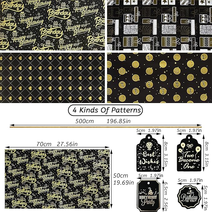 Larcenciel Birthday Wrapping Paper, Gift Wrapping Paper set, Black Gold Design w/Jute Twine and Gift tag, Gift Wraps for Birthday, Valentines, Christmas, Graduation, Baby Shower,4 Sheets 27.5x19.6inch