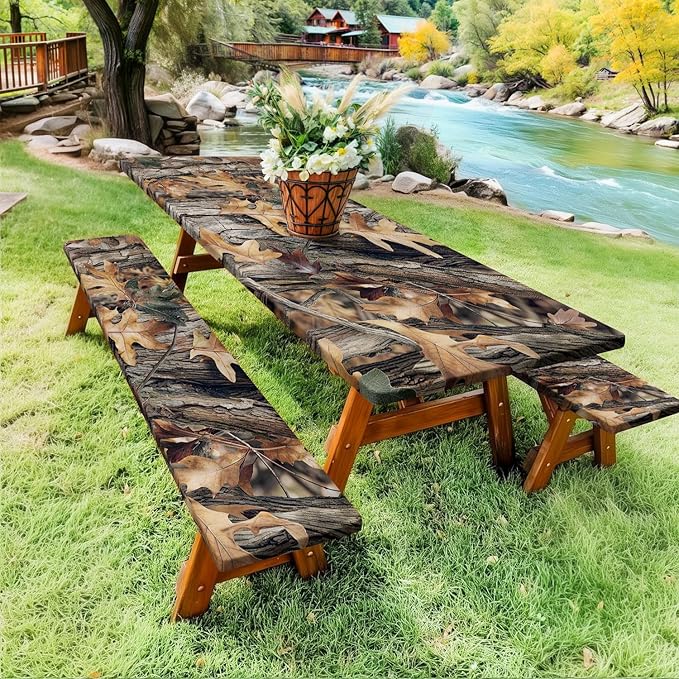 Camo Picnic Table Cover with Bench Covers, Oak Camouflage Patterns Camping Essentials Tablecloth Waterproof Fitted Rectangle Tables and Seats, Outdoor Table Covers with Elastic Windproof Edges