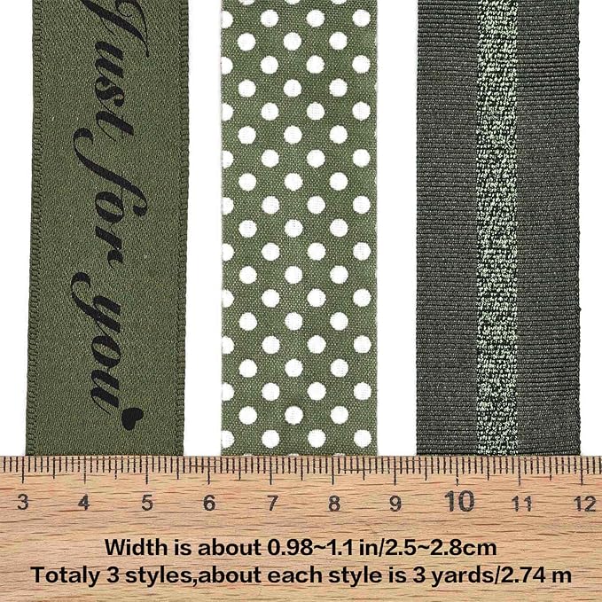 BEEFLYING 3 Styles 9 Yard Olive Green Wire Edged Ribbons Wrapping Decoration 25~28mm×2.7m Spot Ribbons Satin Ribbons for Wedding Party Deco Hair Bows Flower Designs Sewing and Craft