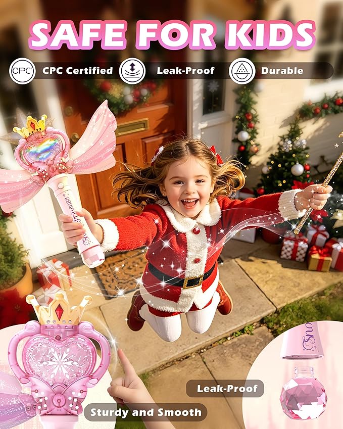 Princess Bubble Wand for Girls, Light Up Bubble Maker with Music & LED Lights, Automatic Bubble Blower Toy with Wings, Leak-Proof Bubble Machine for Kids Outdoor Birthday Party Gifts