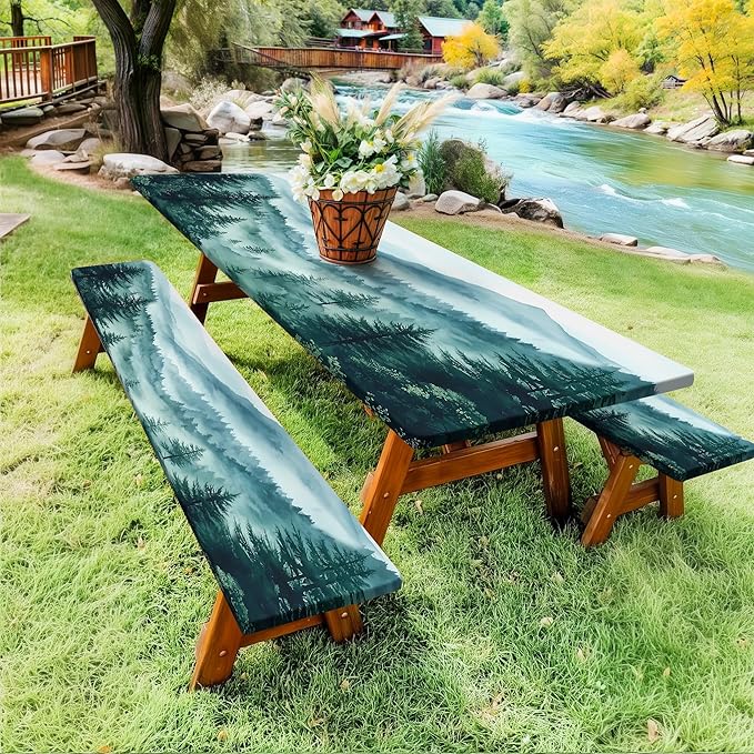 JAWO Green Forest Picnic Table Cover - Fitted Tablecloth with Elastic Edge,Camping Design for Outdoor Camping, BBQ Decor, 72x30 Inch