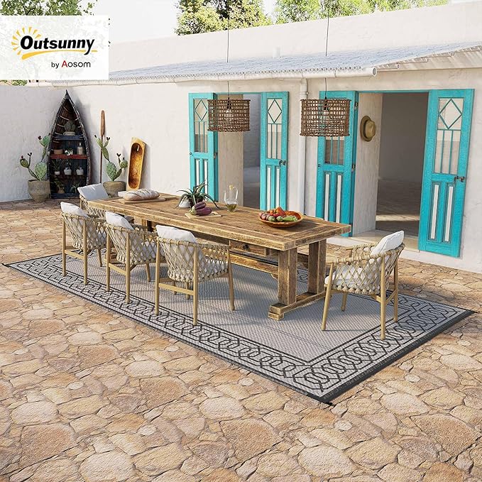 Outsunny Outdoor Rug for Patio, 9' x 18' Waterproof Large Mat, Reversible Plastic Straw Rug for Decor, Portable Outside RV Camping Area Carpet Mat for Backyard Porch Deck Picnic, Black & Gray Border