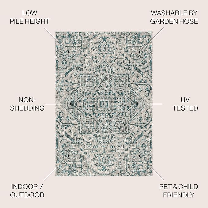 JONATHAN Y Boho Medallion Indoor Outdoor Square Area Rug 6X6 Teal/Gray, Estrella Textured Weave for Backyard, Patio, Porch, Easy-Cleaning, High Traffic, Pet-Friendly, Non-Shedding (SMB105C-6SQ)